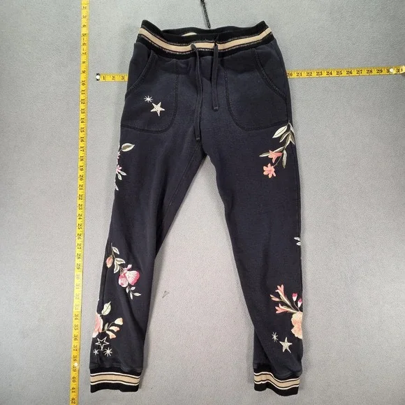 JW Los Angeles Pants Womens XS Black Fleece Jogger Sweatpants Floral Embroidered - Picture 1 of 10